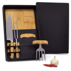 Kit para Churrasco em Bambu com Garfo 4 Dentes com Logo