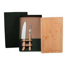 Kit para Churrasco em Bambu com Tábua, Faca e Garfo com Logo 