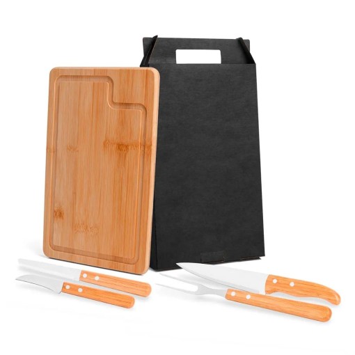 Kit para Churrasco em Bambu com Tábua Retangular e Facas com Logo 