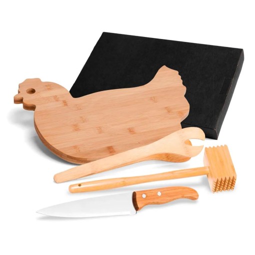 Kit para Cozinha em Bambu com Tábua Formato Galinhao com Logo